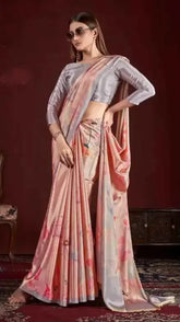 Salmon Pink Soft Satin Crepe Silk Saree